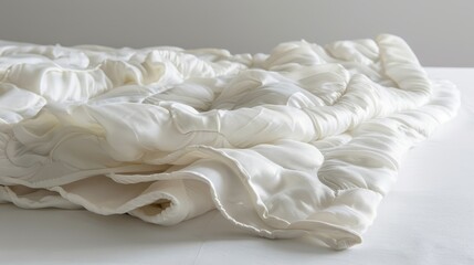 White, textured fabric with ruffles, likely a piece of bedding or a decorative textile, with a focus on the ruffled edges and the soft, quilted pattern