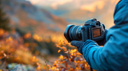 Fototapeta premium A skilled photographer outdoors, fine-tuning a high-end camera amid a stunning landscape, showcasing their knack for beauty and composition.