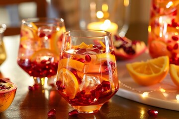 Light sparkling sangria with pomegranate seeds and citrus zest, Light  Sangrias  Punch, elegant and refreshing
