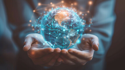 Hands Holding Circular Globe of Earth: Depicting hands holding a luminous 3D model style circular globe of Earth, symbolizing information and data containment.
