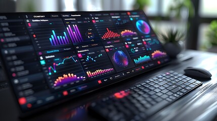 Naklejka premium A 3D isometric illustration of a marketing dashboard, with a focus on influencer marketing metrics displayed through detailed graphs of campaign performance, reach, and engagement, intuitive layout,