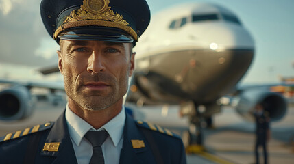 An airline pilot in uniform stands by a commercial airplane on a bustling airport tarmac, showcasing expertise.

