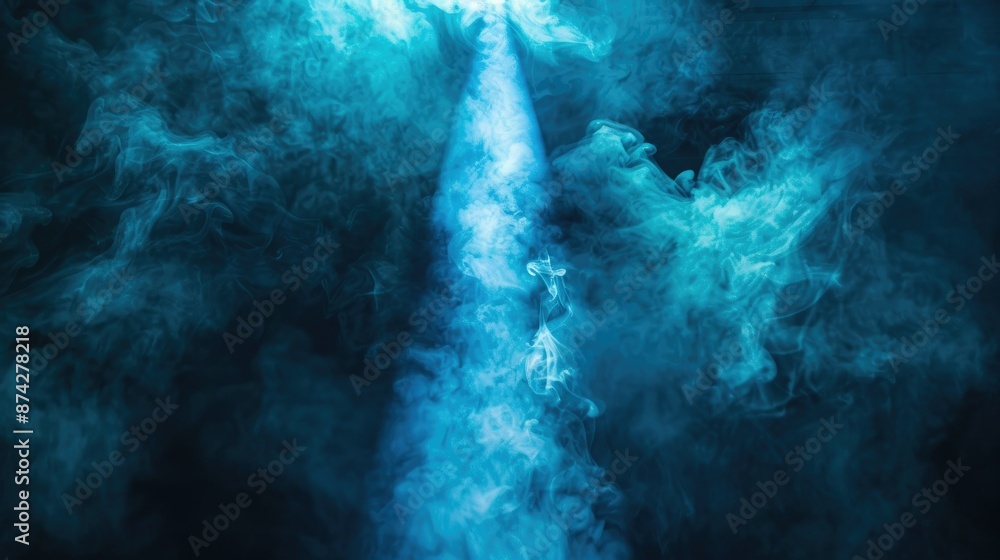 Poster a narrow blue spotlight projecting through dense smoke, producing a captivating and enigmatic visual