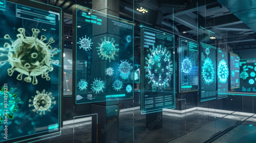 Poster Several large, digital screens display images of the coronavirus in a futuristic laboratory.