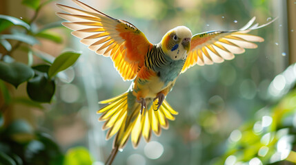 Fototapeta premium A budgie flies freely in a sun-drenched room with open windows and indoor foliage, its vibrant plumage and the airy environment creating a lively and rejuvenating scene.