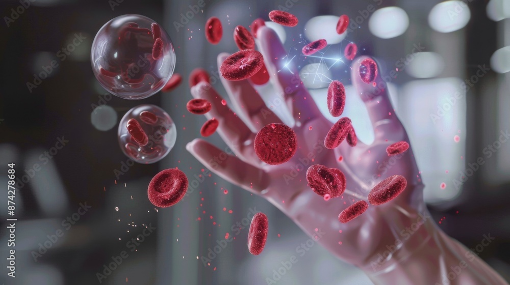 Aufkleber a hand reaches out through a field of red blood cells, which appear to be floating in the air.
