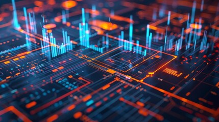 Abstract digital data visualization with glowing lines and circuits.
