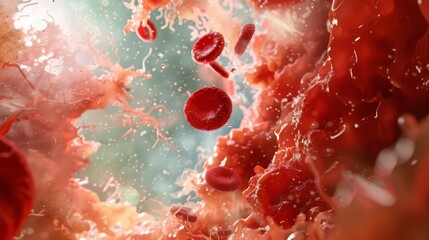 Red blood cells flow through a blood vessel.