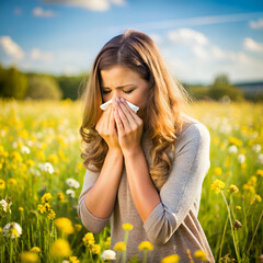 Woman suffering from allergies in a blooming field, holding a tissue and sneezing