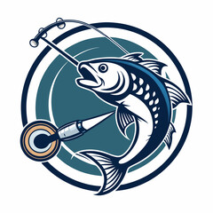 a detailed fishing rod and reel with a leaping