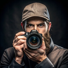 Obraz premium Bearded photographer with cap holding camera, focused on capturing the perfect shot