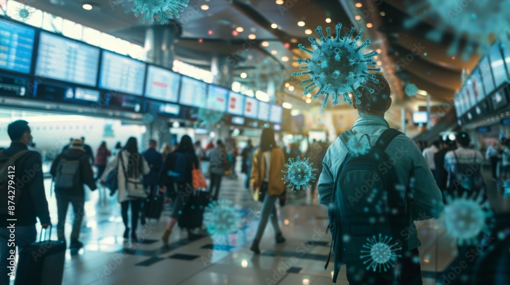 Poster a crowded airport terminal with travelers walking past each other, obscured by a digital overlay of 