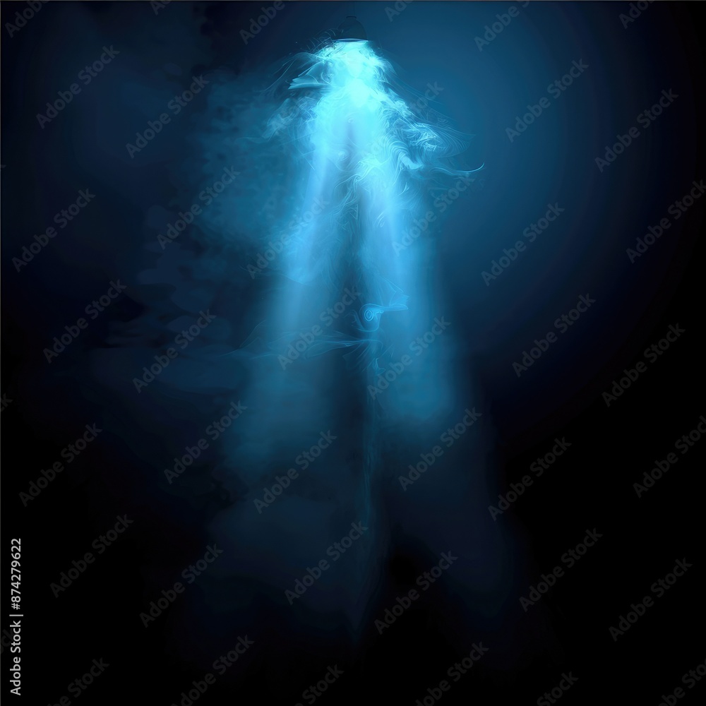 Poster a blue vector spotlight casting light and shadows through a smoky haze, creating a moody and enigmat