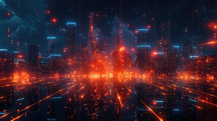 Abstract metaverse background with glowing urban skyline, futuristic cityscape, night