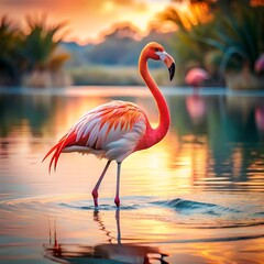 Fototapeta premium A vibrant flamingo stands gracefully in tranquil waters against a stunning sunset backdrop