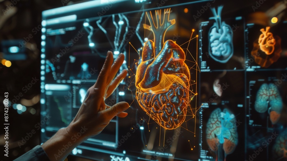 Poster a person's hand reaches out to touch a 3d model of a human heart displayed on a screen.