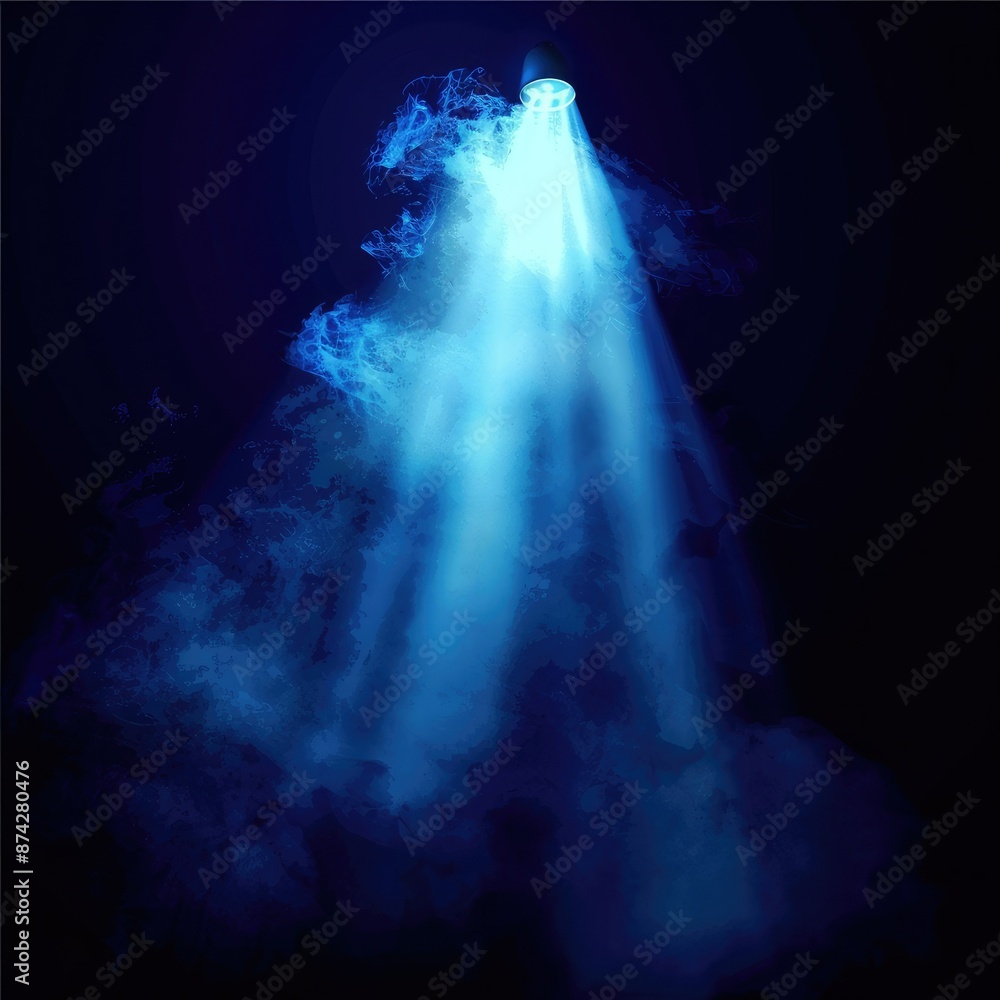 Poster a focused blue vector spotlight illuminating a dark scene with a cloud of smoke, creating an intense