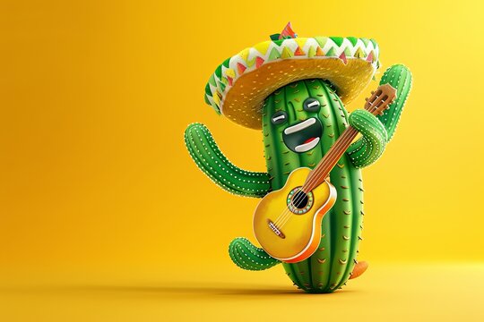 Adorable cartoon cactus wearing a sombrero and playing a guitar, set against a yellow background. This illustration captures the spirit of Mexico's Independence Day celebrations