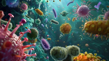 Obraz premium An illustration depicting a variety of bacteria and viruses in a microscopic environment, showcasing their diverse shapes and colors.