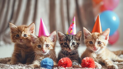Adorable kittens in party hats with cat toys, celebrating International Cat Day, embracing the charm of feline festivity