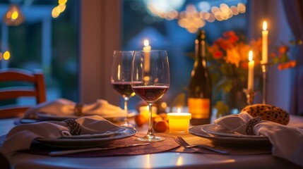 Beautifully set romantic dinner table for two with candles, wine, and elegant tableware