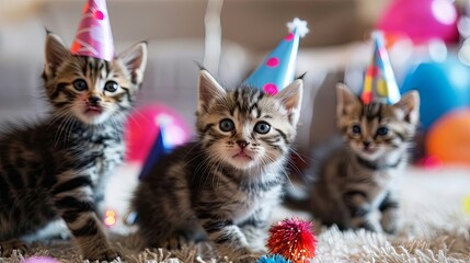 Adorable kittens in party hats with cat toys, celebrating International Cat Day, embracing the charm of feline festivity