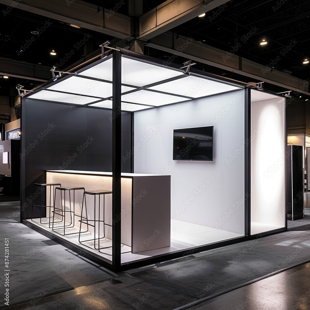 Poster A blank booth system with a minimalist frame and a large backdrop for high-visibility graphic displays. 