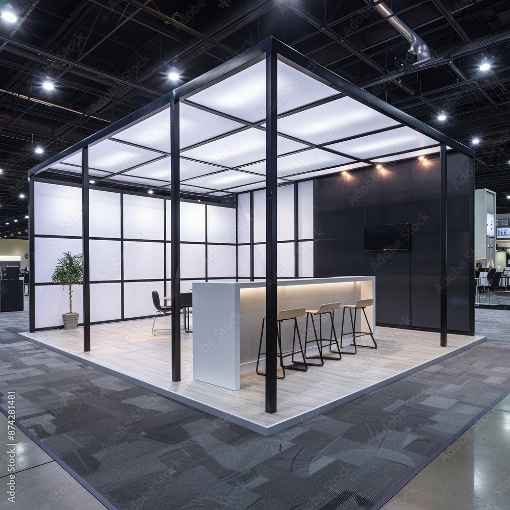 Poster A blank booth system with a minimalist frame and a large backdrop for high-visibility graphic displays. 