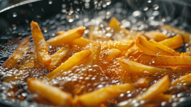 Shoestring French fries being deep-fried in hot oil