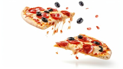 Flying pizza slices with pepperoni, olives, and basil, isolated on white background