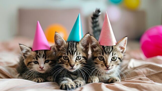 Adorable kittens in party hats with cat toys, celebrating International Cat Day, embracing the charm of feline festivity