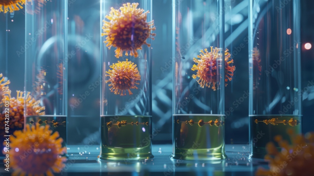 Poster several test tubes containing liquid and orange-colored coronavirus samples in a laboratory setting.