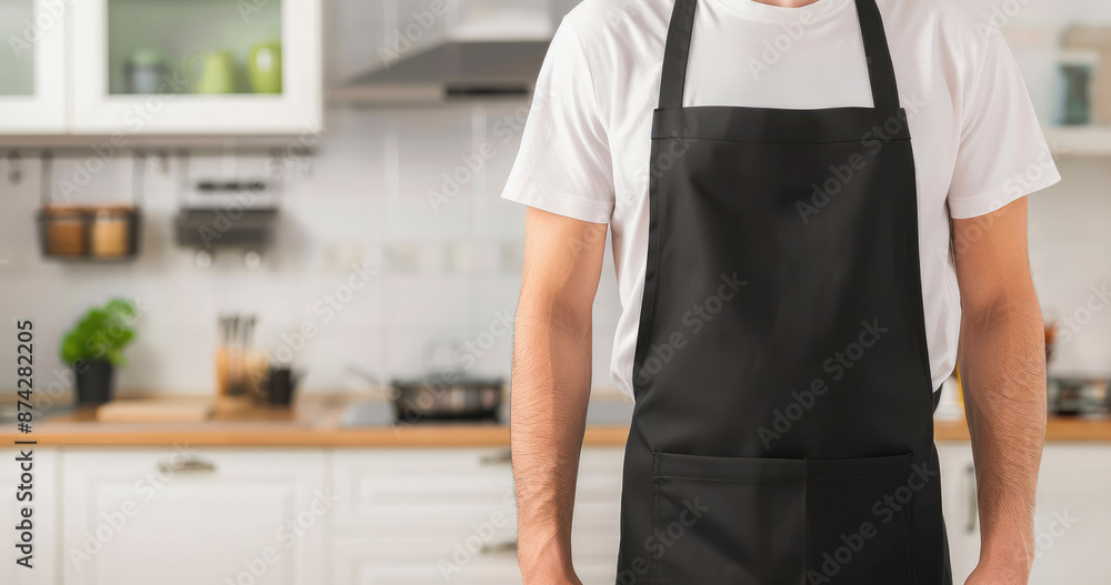 Sticker Man wearing black apron mock up in the modern kitchen, chef uniform for cooking