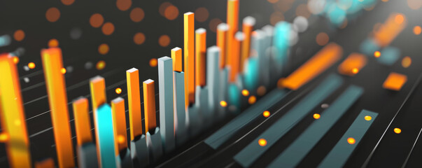 Obraz premium A bar chart with bright orange and blue bars illustrating stock market fluctuations, with the bars moving up and down on a dark gray background.
