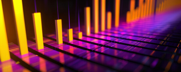 Fototapeta premium A bar chart with bright yellow and purple bars showing stock gains and losses, with the bars moving up and down, set on a black background for dramatic effect.