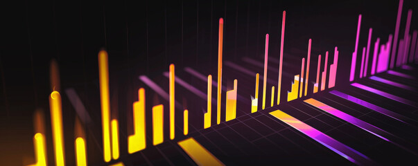 A bar chart with bright yellow and purple bars showing stock gains and losses, with the bars moving up and down, set on a black background for dramatic effect.