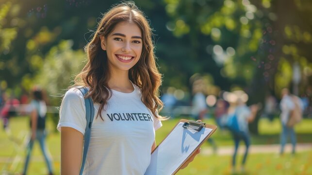 The smiling female volunteer