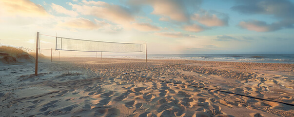 A beach volleyball court at dawn, with the first light of day casting a gentle glow over the sand. The tranquil scene captures the peacefulness of an early summer morning by the ocean.