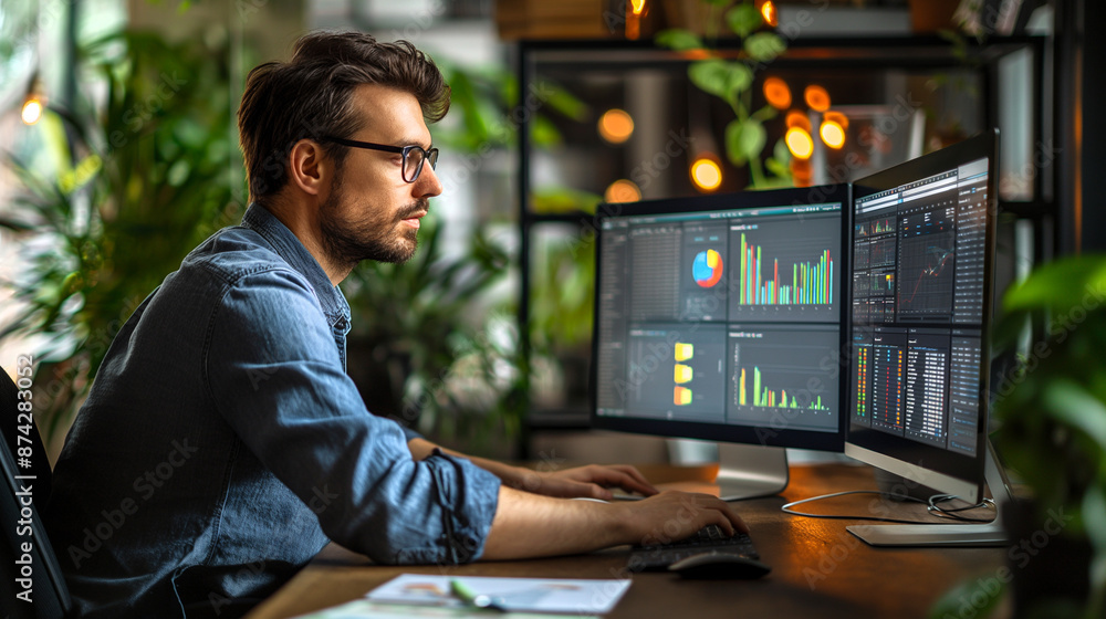Poster a man is sitting at a desk with two computer monitors in front of him. he is wearing glasses and he 