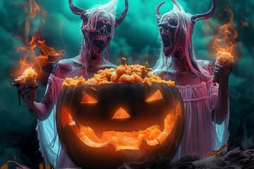 Naklejka premium Monsters Scary mystical figures of skeletons in torn witch costumes with glowing eyes, surrounded by pumpkins and fog against the backdrop of the moon.