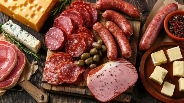 Table full of saturated fats: raw meat, sausages, cheese, and butter, unhealthy eating concept, top view
