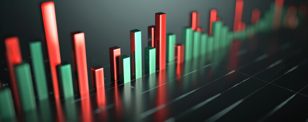 Obraz premium A bold bar chart with green bars rising sharply and red bars dropping steeply, representing stock market changes, set against a dark gray background.