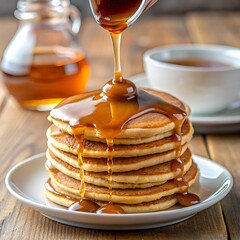 Stack of fluffy pancakes drizzled with maple syrup, perfect breakfast on a rustic table