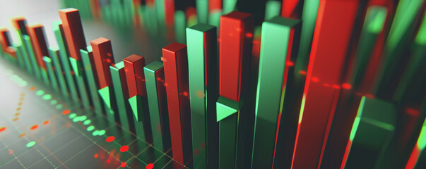 Obraz premium A bold bar chart with green bars rising sharply and red bars dropping steeply, representing stock market changes, set against a neutral gray background.