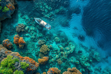 Fototapeta premium Bird's eye view of a boat sailing over crytal clear waters