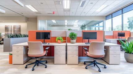 A progressive office layout with sustainable materials and eco-friendly designs.