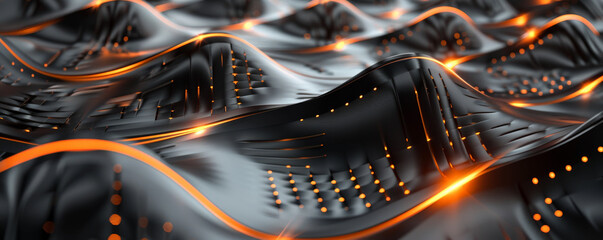 A brushed metal surface with a futuristic design, featuring a network of embossed lines and glowing orange accents that suggest energy flow.