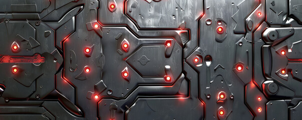 A brushed metal texture with a futuristic design, featuring a network of embossed lines and glowing red lights that suggest energy flow.