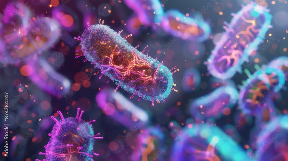 Poster a close-up view of colorful bacteria, seen in a microscopic view, with a dark background.