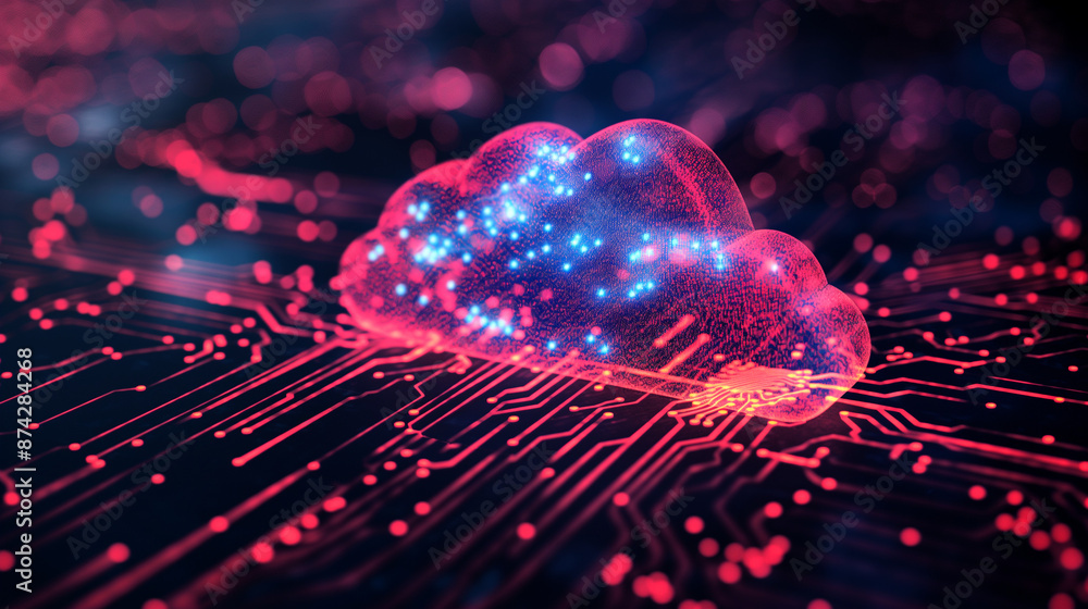 Poster a computer chip with a cloud on it. the cloud is red and blue. the chip is on a black background. ge